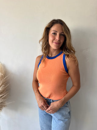 Blue detail orange top
