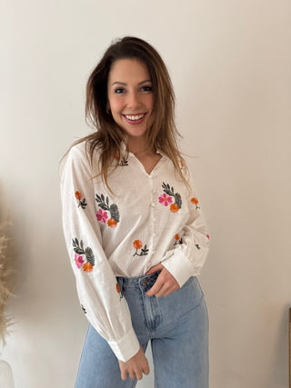 Colorful flowers white blouse