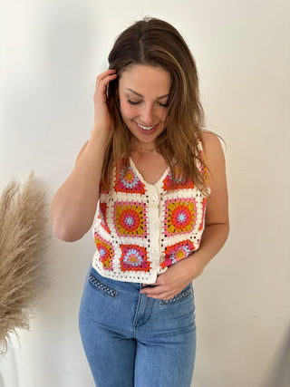 Colorful flowered crochet top