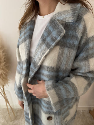 Blue grey checked coat