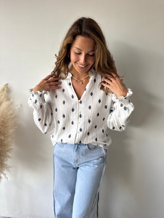 Navy leaves white tetra blouse