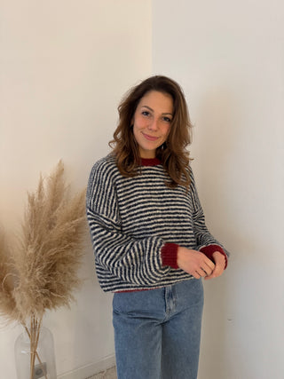 Red details blue striped knit