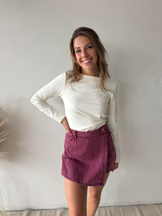 Burgundy denim skort