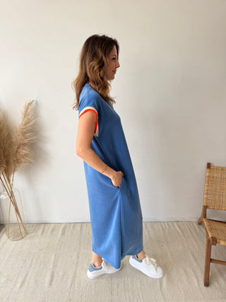 Orange detail blue flowy dress