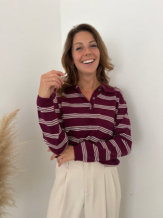 Burgundy beige striped polo