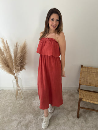 Rust strapless tetra dress