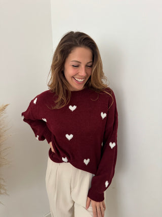 White hearts burgundy knit