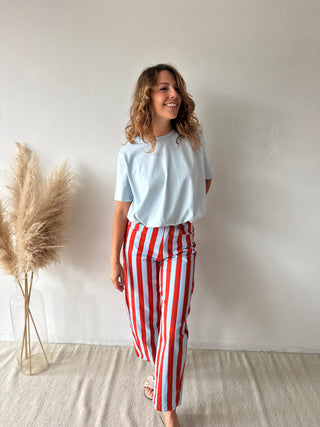 Orange blue striped jeans
