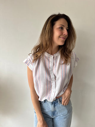 Red blue striped blouse
