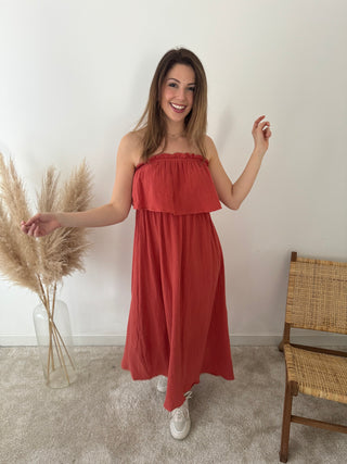 Rust strapless tetra dress