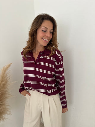 Burgundy beige striped polo