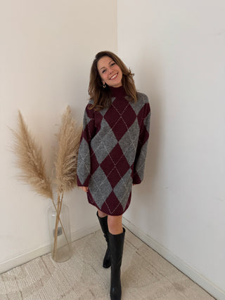 Burgundy grey argyle sweater dress