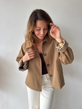 Taupe checked details trench jacket