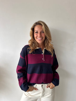 Navy burgundy striped polo sweater