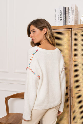 Colorful stitched white knit