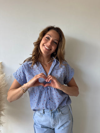 Red hearts blue shirt