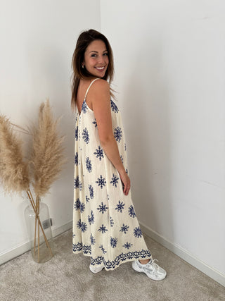 Blue flowers beige dress