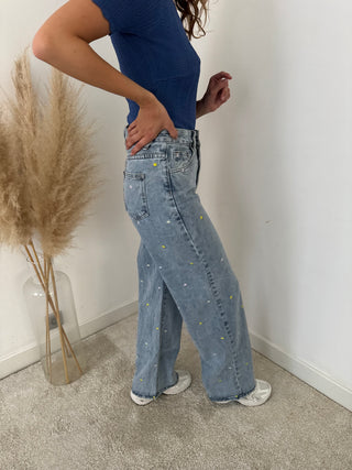 Colorful flowers denim pants