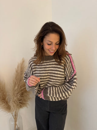 Pink details taupe striped knit
