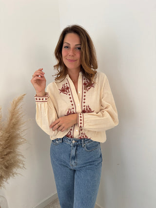 Burgundy details beige blouse