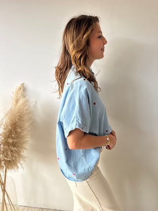 Red hearts denim blouse