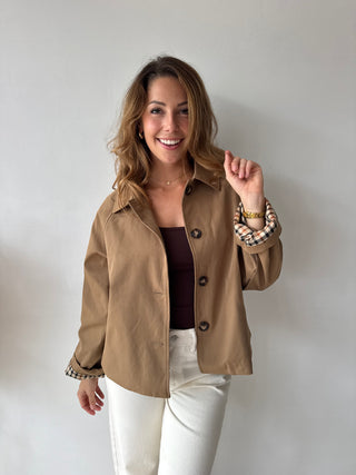 Taupe checked details trench jacket
