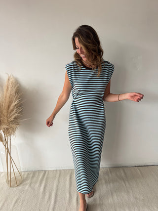 Brown blue striped maxi dress