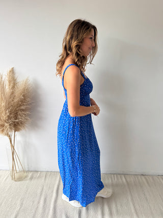Light pink flowers blue dress