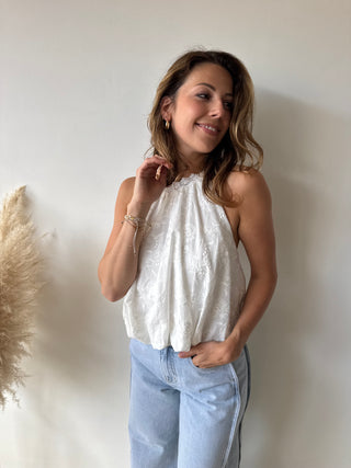 White open back lace top