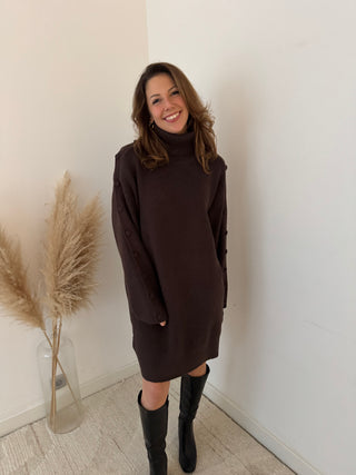 Buttons details brown sweater dress