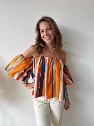 Orange blue strapless top