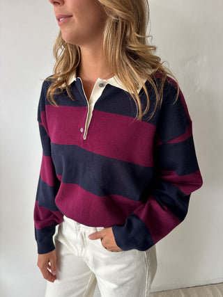 Navy burgundy striped polo sweater