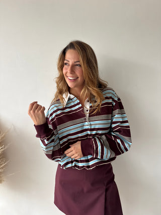Burgundy blue striped polo