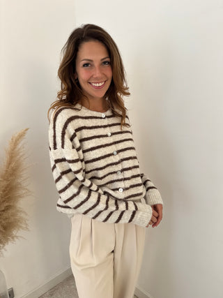 Beige brown striped button knit