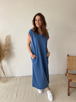 Orange detail blue flowy dress