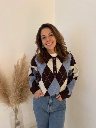 Blue brown argyle polo knit