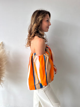 Orange blue strapless top