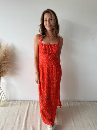 Light pink flowers red dress
