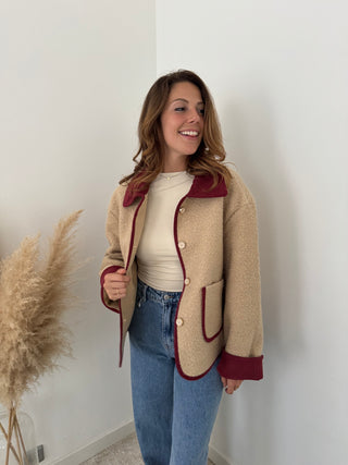 Burgundy details beige jacket