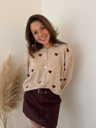 Burgundy hearts beige knit