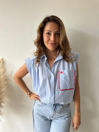 Heart pocket blue striped top