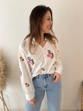 Colorful flowers white blouse