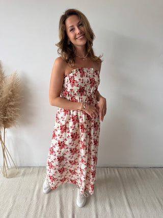 Red flowers strapless dress