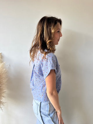 Red hearts blue shirt