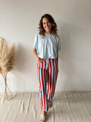 Orange blue striped jeans