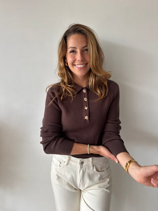 Gold buttons brown ribbed top
