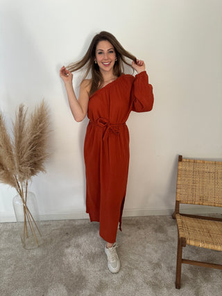 Terracotta one sleeve tetra dress