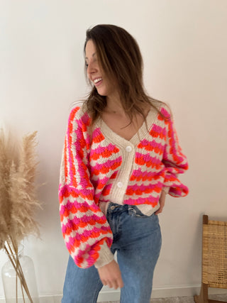 Fuchsia orange button knit