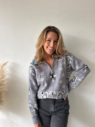 Denim collar grey knit