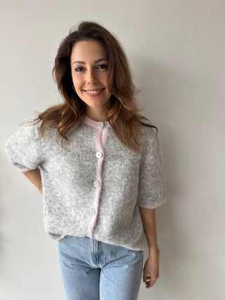 Pink detail grey button knit